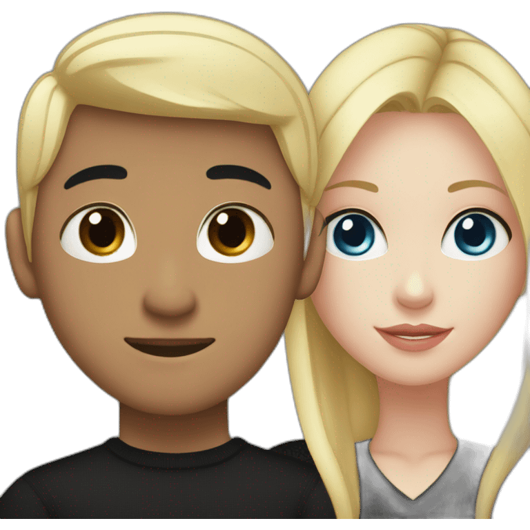 Blonde girl with blue eyes in black sweater and asian man with black hair and black eyes hugging emoji