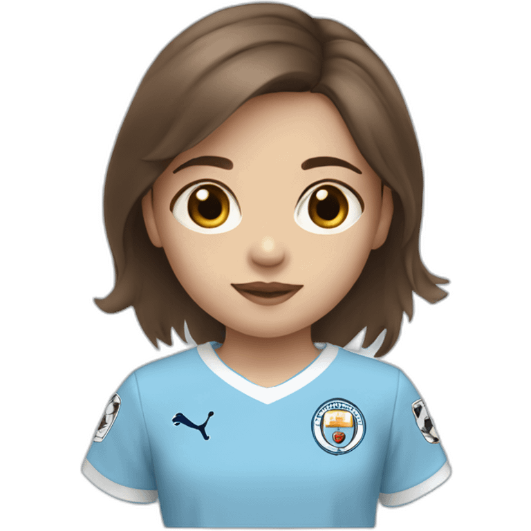 Little girl with brown hair and eyes wearing Manchester City football shirt emoji