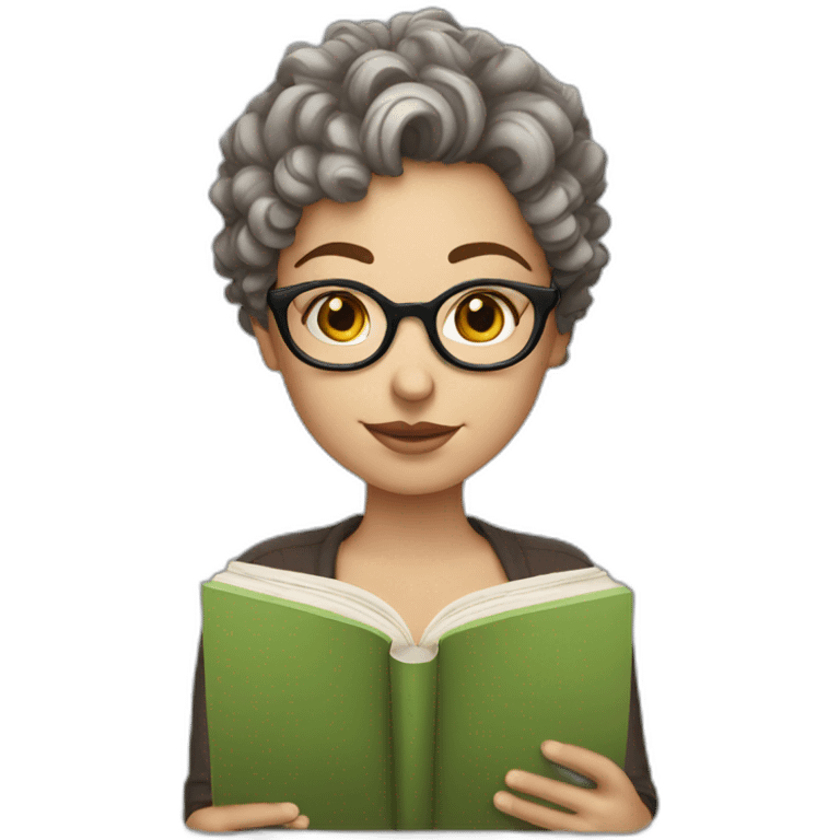 white girl with round silver glasses and really short brown curly hair reading a book emoji