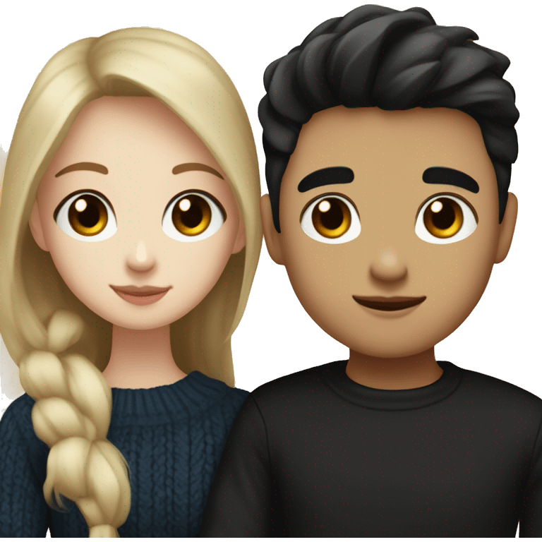 dark Blonde girl with blue eyes in black sweater and an east asian with light skin man with black hair and black eyes hugging emoji