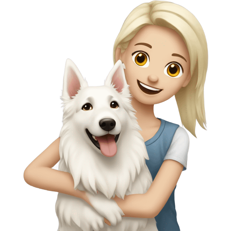 Happy white Swiss Shepherd  with blonde girl emoji