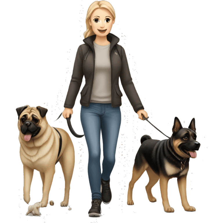 White Woman Walking two dogs. Pug and German shepherd  emoji