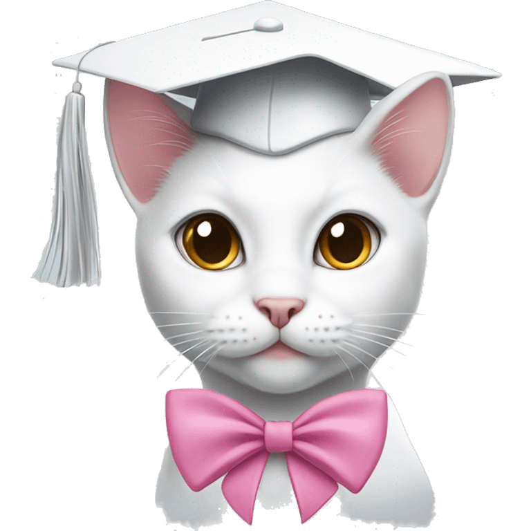 white she cat wirh brown eyes and a pink little bow, with a graduation cap emoji