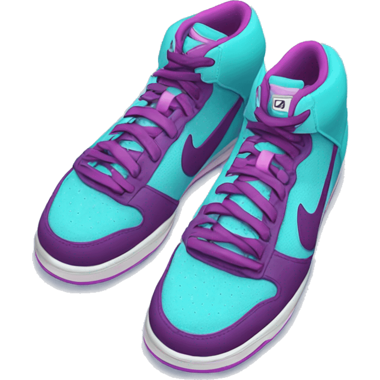 Hyper Realistic top front view of a pair of turquoise,light teal,magenta,and dark purple Nike Sneakers. emoji