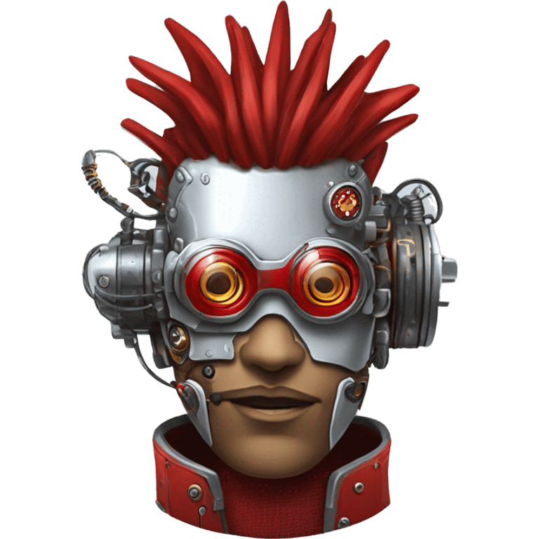 cyborg head with Silver mohawk, red steampunk goggles, red goatee and circuits emoji