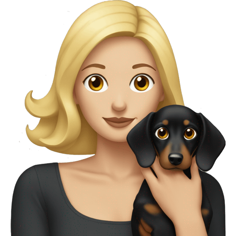 blonde woman holding black dachshund close to her face emoji