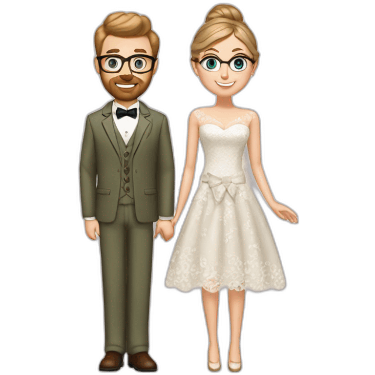 Bride has blue eyes, brown hair in a bun, wears a lace dress. Groom has blue eyes, blond hair, wears gold glasses, wears an olive green suit with a brown vest and a bow tie. emoji