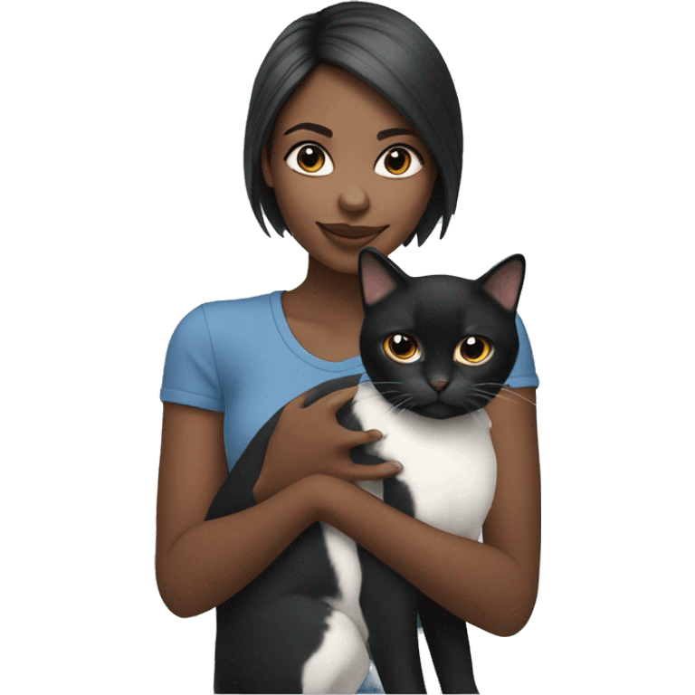 Straight hair Black girl holding black/white cat emoji