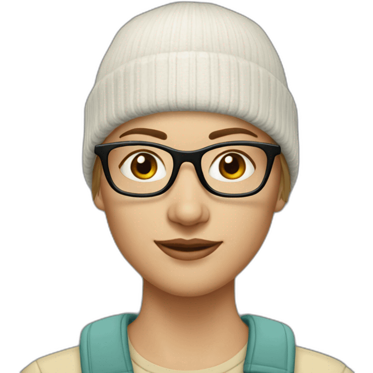 30 year old white woman short straight light brown hair with a beanie on her heard and glasses emoji