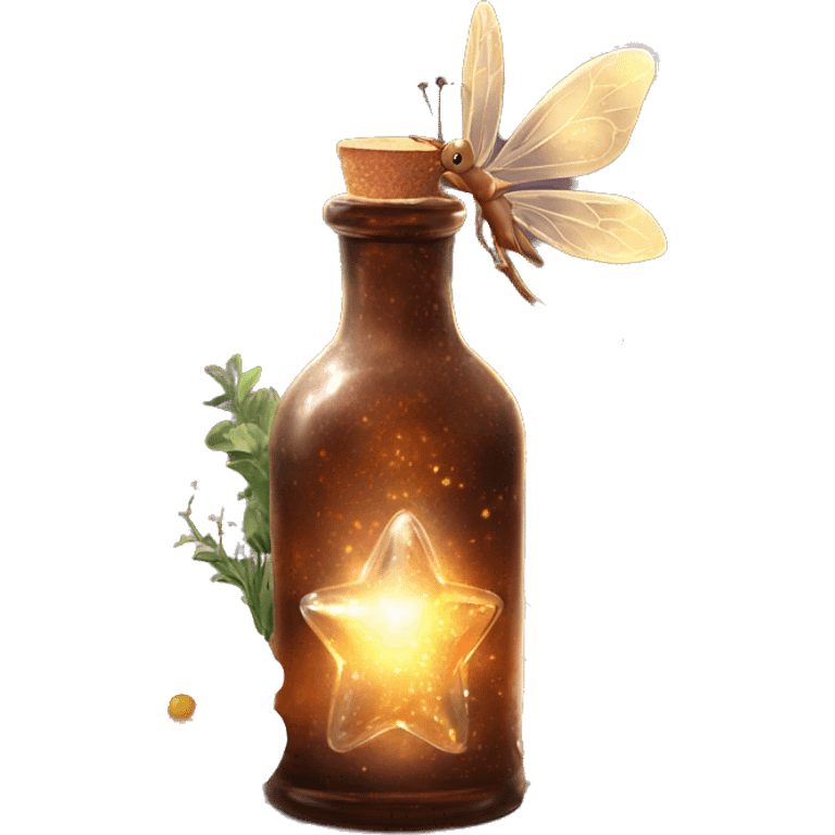 Brown magic fairy light sparkling old Antique bottle with poison and with herbal and flowers emoji