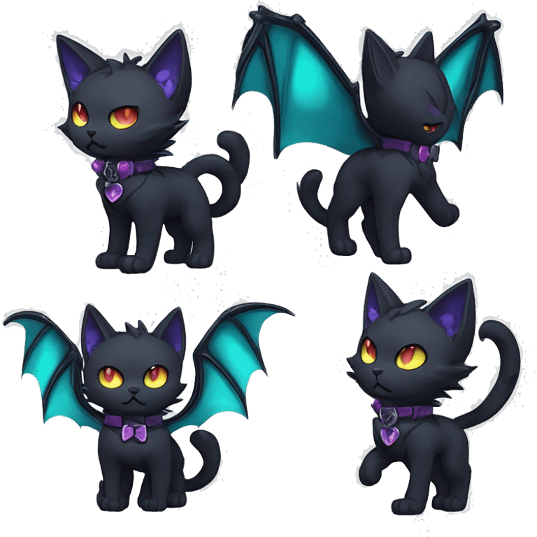   cool edgy kawaii anime ethereal dark-punk-themed animal vampiric cat-hybrid Fakemon with fangs and bat-wing-ears with a collar full body emoji