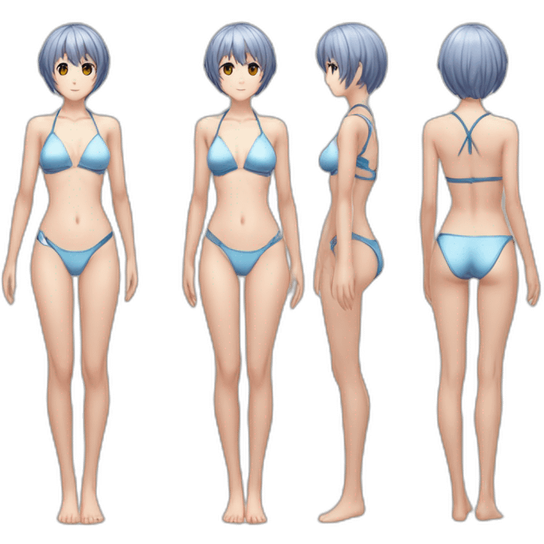 realistic full body rei ayanami nue short hair teen back and front views bikini emoji