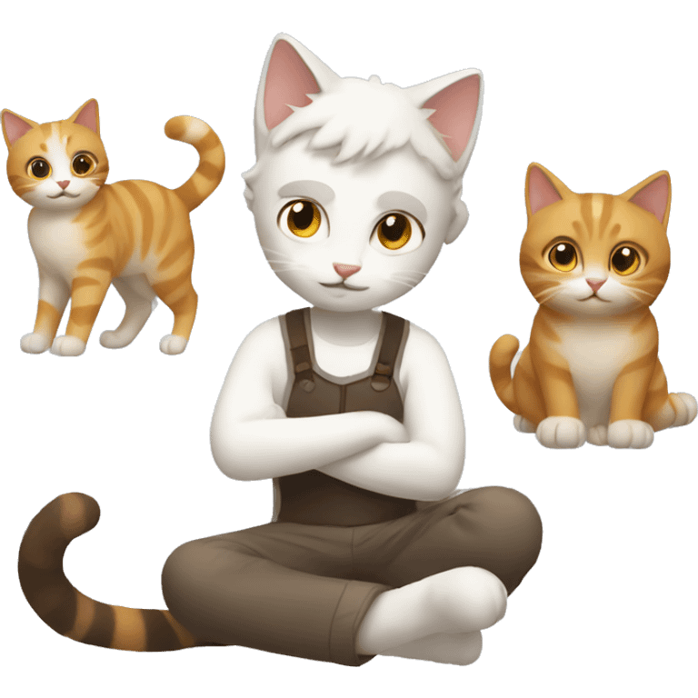 A man playing with one of chaos cat and one of white brown cat. emoji