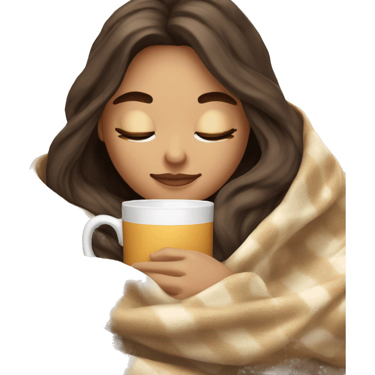 girl brunette inside a blanket sipping coffee eyes closed emoji