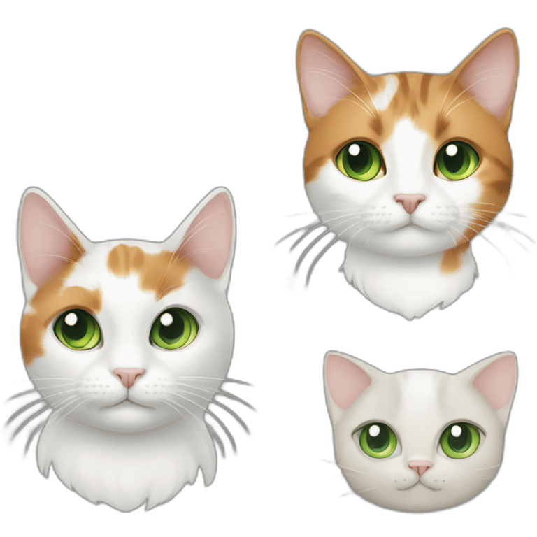 1 calico cat and 1 white cat green eyes emoji