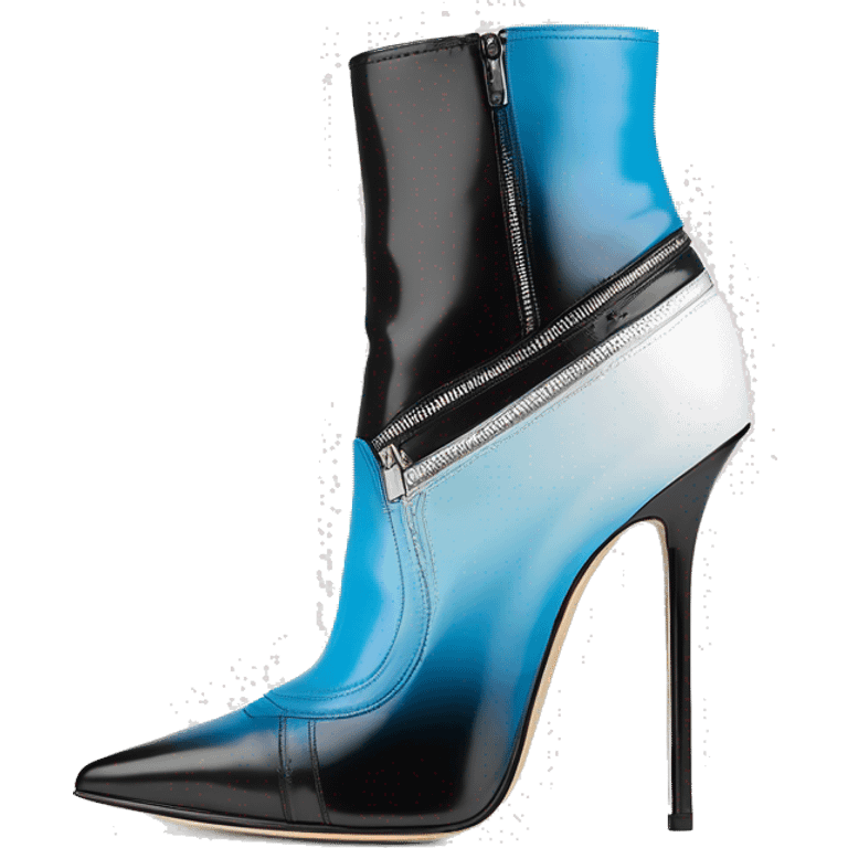 Realistic isolated top view of a pair of white,sky blue,and black ombre Jimmy Choo Stiletto Heel Zippered ankle bootie boots  emoji