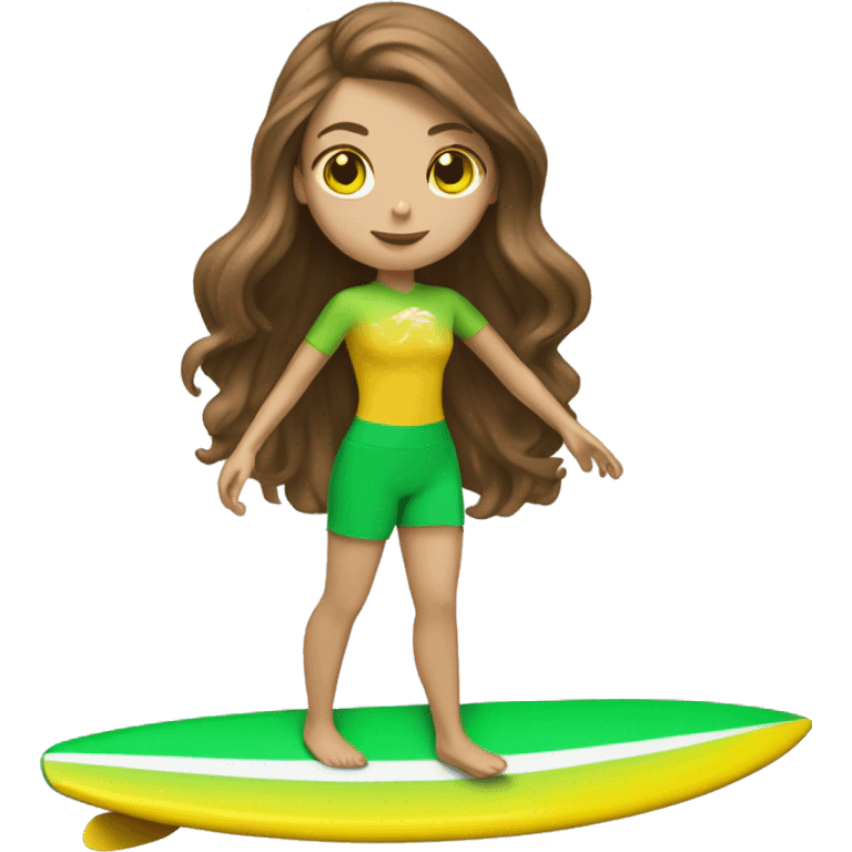 brown hair white girl surfing green yellow surf board emoji