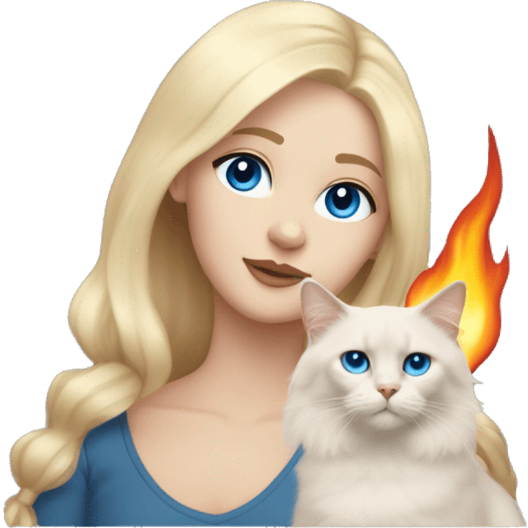 White blonde girl with blue eyes with flame point ragdoll cat  emoji