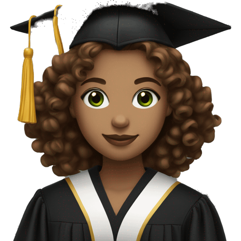 girl with green eyes and brown curly hair ,smiling, wearing a black midi dress,black heels and graduation hat and robe  emoji