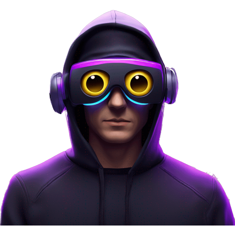 Russian man wearing a black hoodie with "OMG" letters on it and VR headset in a cyberpunk VR environment with violet neon lighting. emoji