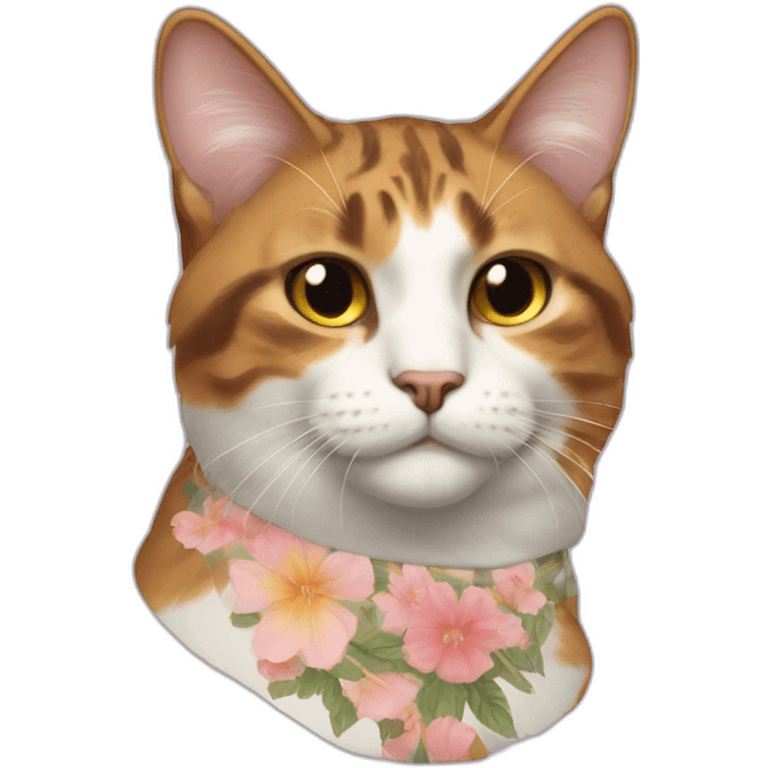 buff calico cat  he has a mullet, a floral designed t shirt that is unbuttoned emoji