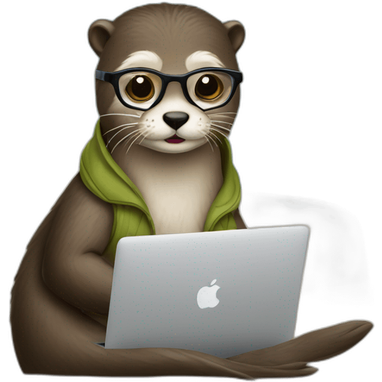 female vet otter with glasses use a macbook while seated against a pillow emoji