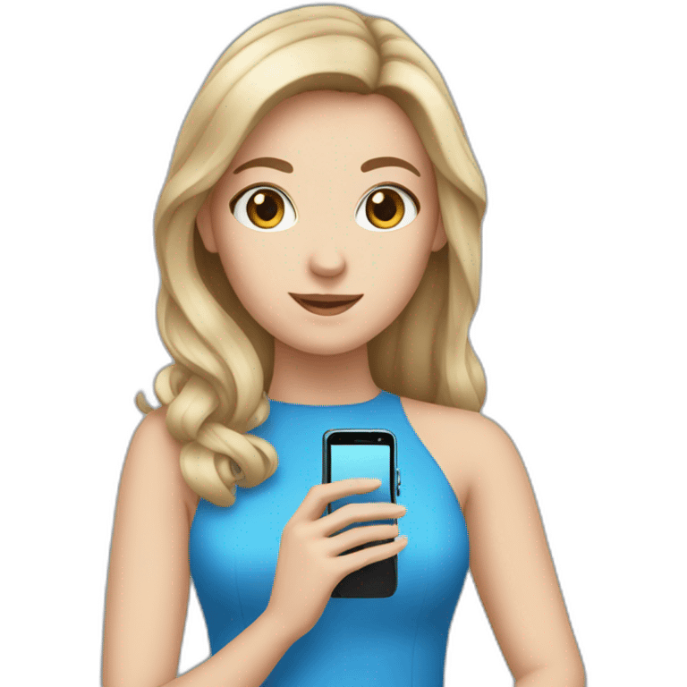 a white girl in a blue dress holding a cell phone emoji