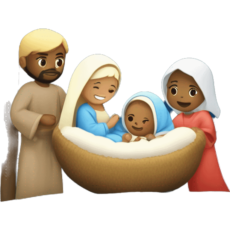 Nativity with a light skinned Mary, light skinned Joseph, and light skinned baby Jesus in the manger, with a bright star in the night sky emoji