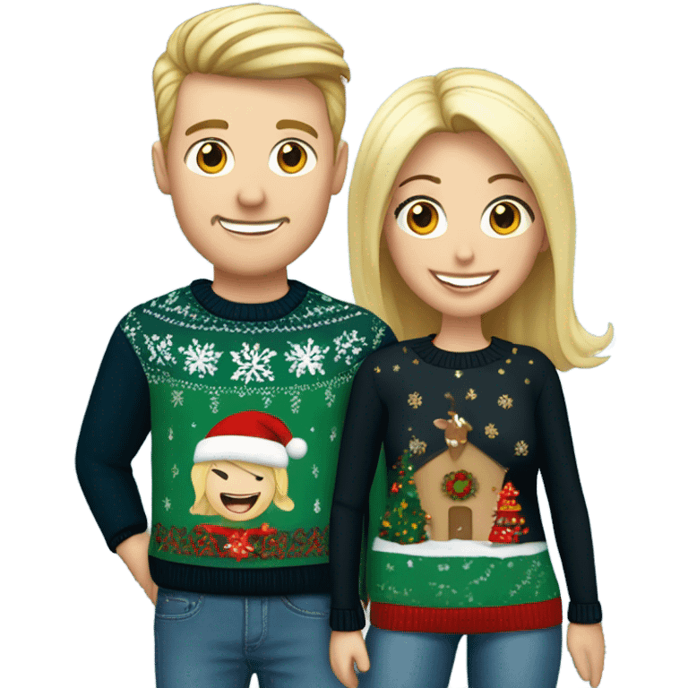 Happy white couple wearing Christmas jumper and blue jeans, man with black hair woman blonde long emoji