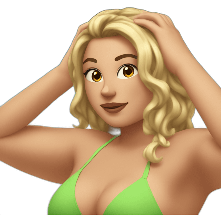 Slim-thicc Caucasian woman bikini hands-in-hair pose (beach body) emoji