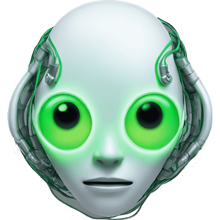 Round Alien cyborg head with glowing wires and green eyes  emoji