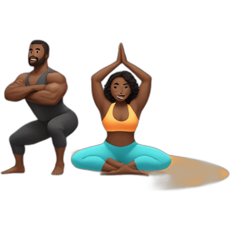 Black muscle man and voluptuous woman doing yoga emoji