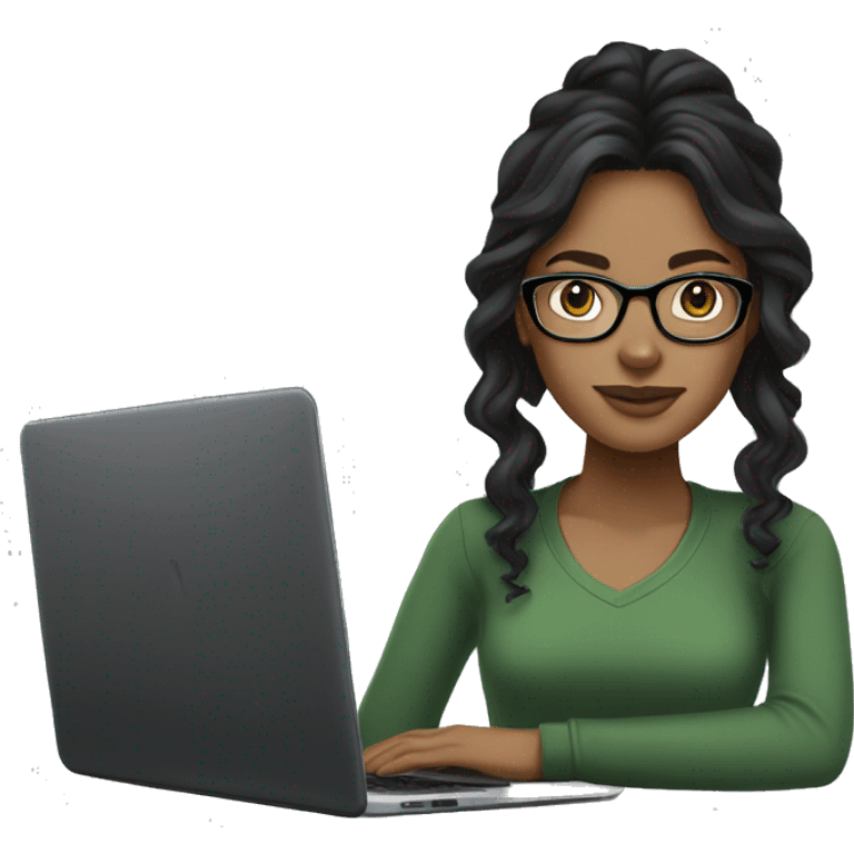 Light brown-skinned girl with long, wavy black hair, with clear glasses wearing a black laptop, wearing a green shirt. emoji