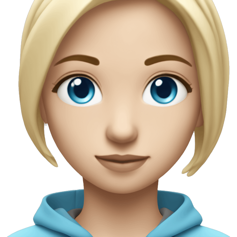 Chica joven rubia, ojos color azul, con suéter lululemon celeste emoji