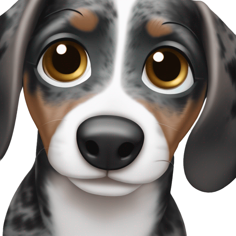 Black merle mini dachshund with one blue eye and one brown eye emoji