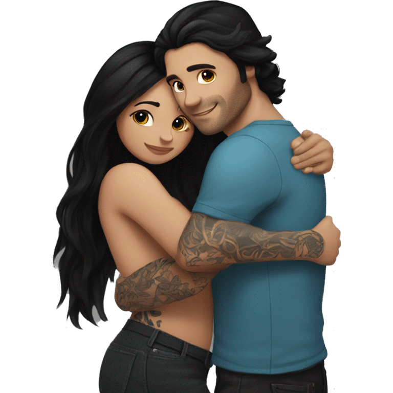 Girl with long black hair and tattoos and brunette guy hugging emoji