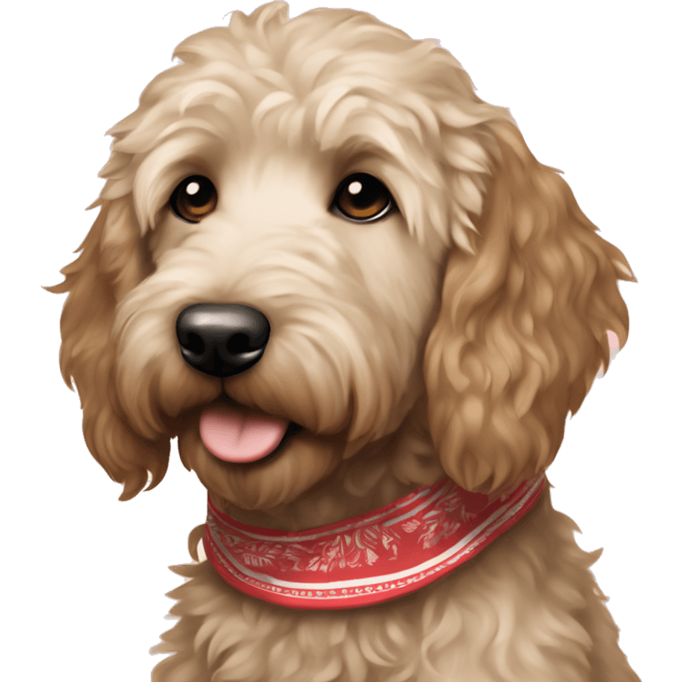 Cream colored dark brown Goldendoodle wearing a bandana emoji