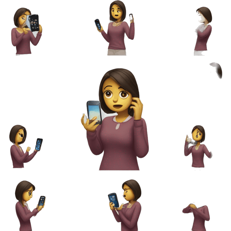 A girl is holding 5 different phones in her hands and trying to talk on them, in a tense atmosphere emoji