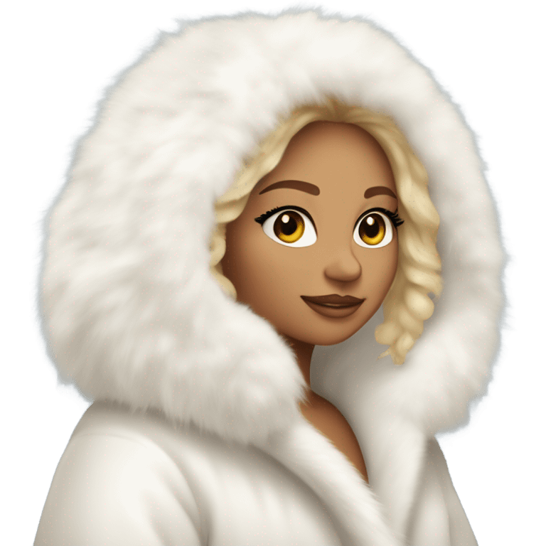 Tanned Girl with lashes , blonde hair, in an extremely big fluffy oversized white fur coat with hood on. The fur is real and it’s very obvious big and fluffy, aestheticism emoji