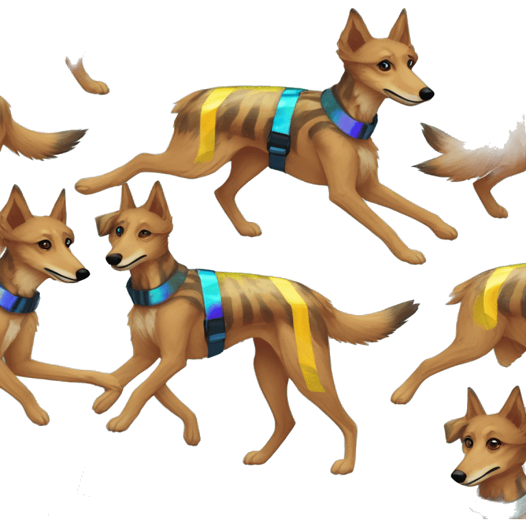  brindle brown black maroon striped lurcher Alsatian fox running blue eyes and iridescent holographic oilslick harness wearing paper iridescent tropical flower crown yellow caution tape emoji