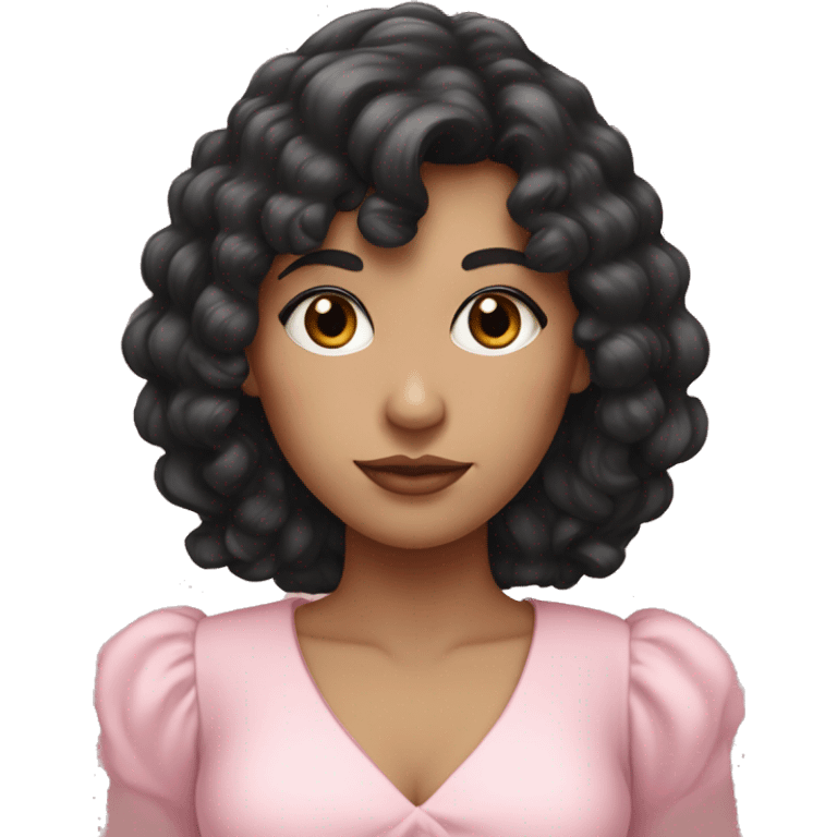 White woman with long black curly hair and bangs and dark brown eyes, wearing a pastel pink dress emoji