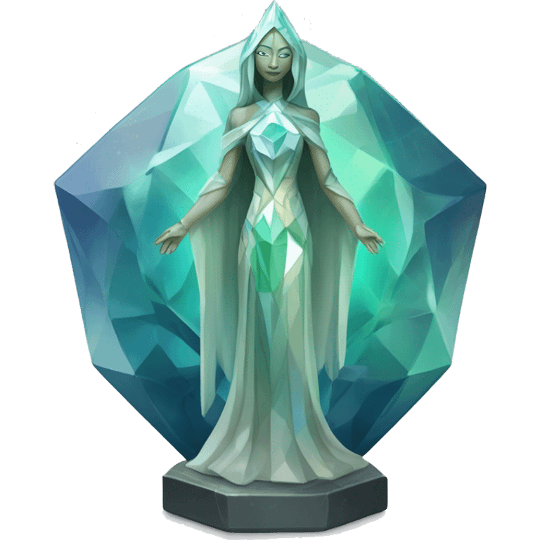 crystal sculpture oracle priestess with a geometric faceted design with disney features. Oracle of delphi is sparkling and standing upright on a base with angular and flower features. The blues neutrals and greens highlights the sharp edges and planes.  emoji