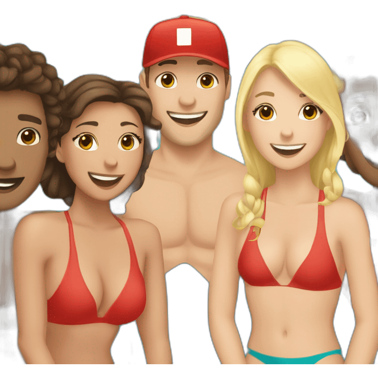 6 coed lifeguards at a swimming pool, 3 guys, 3 girls emoji