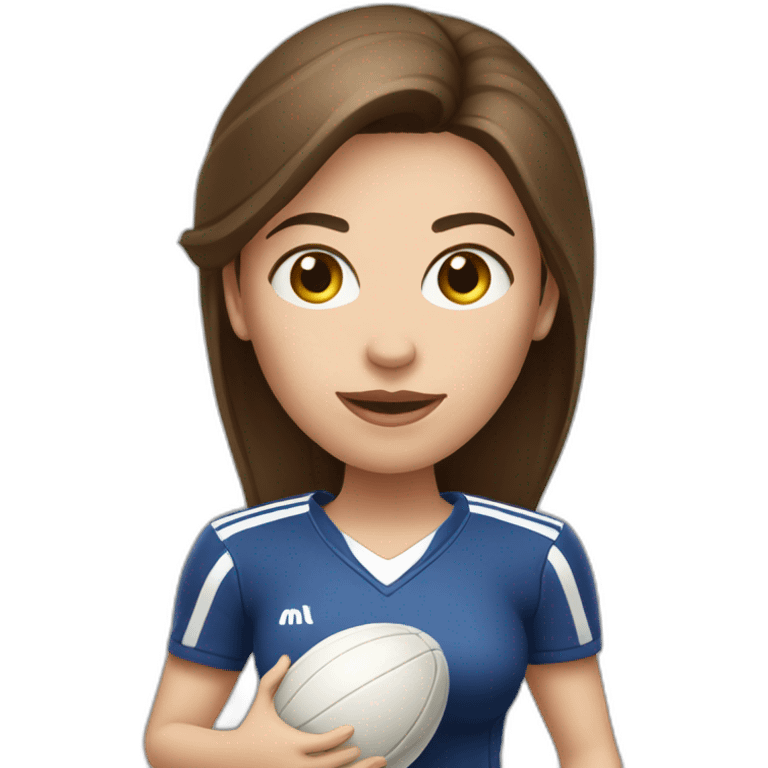 White skin brunette female playing football with very small basket ball emoji