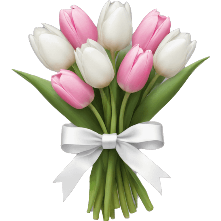 bouquet of white tulips and some pink tulips with a bow around it emoji