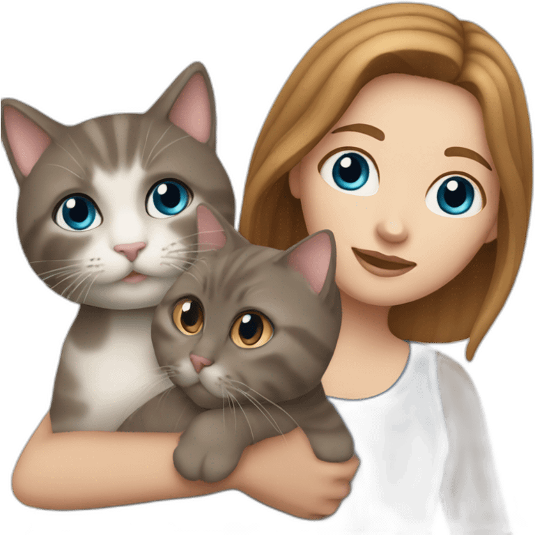 white girl with brown hair blue eyes holding 2 cats emoji