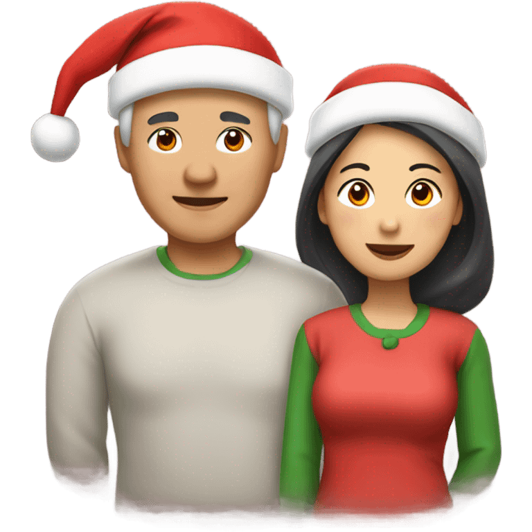 Middle-aged Asian couple with Santa hats emoji