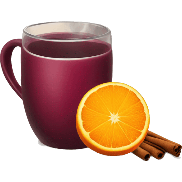 A Christmas mug of hot mulled wine, steaming with a cinnamon stick outside and an orange slice next to it emoji