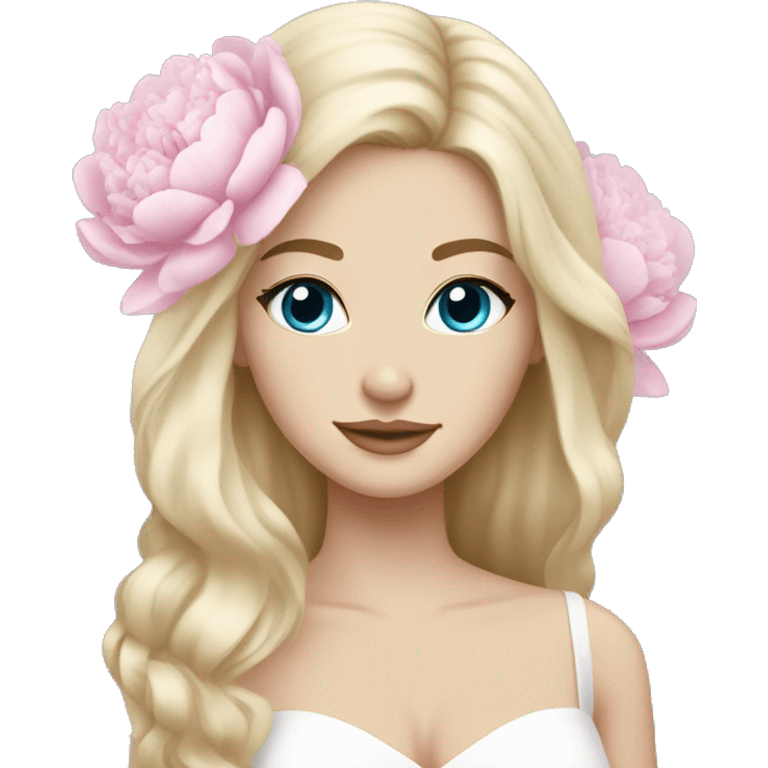 White bride with long light blonde hair and blue eyes with light pink peonies in hair white skin  emoji