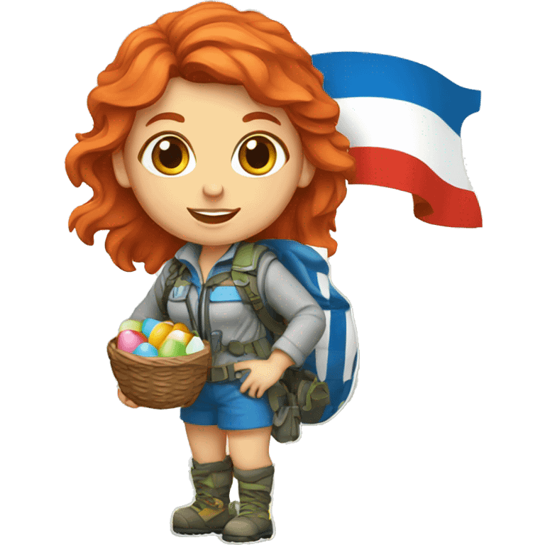 Female mountain climber red hair with Greek flag and holding Easter eggs basket emoji